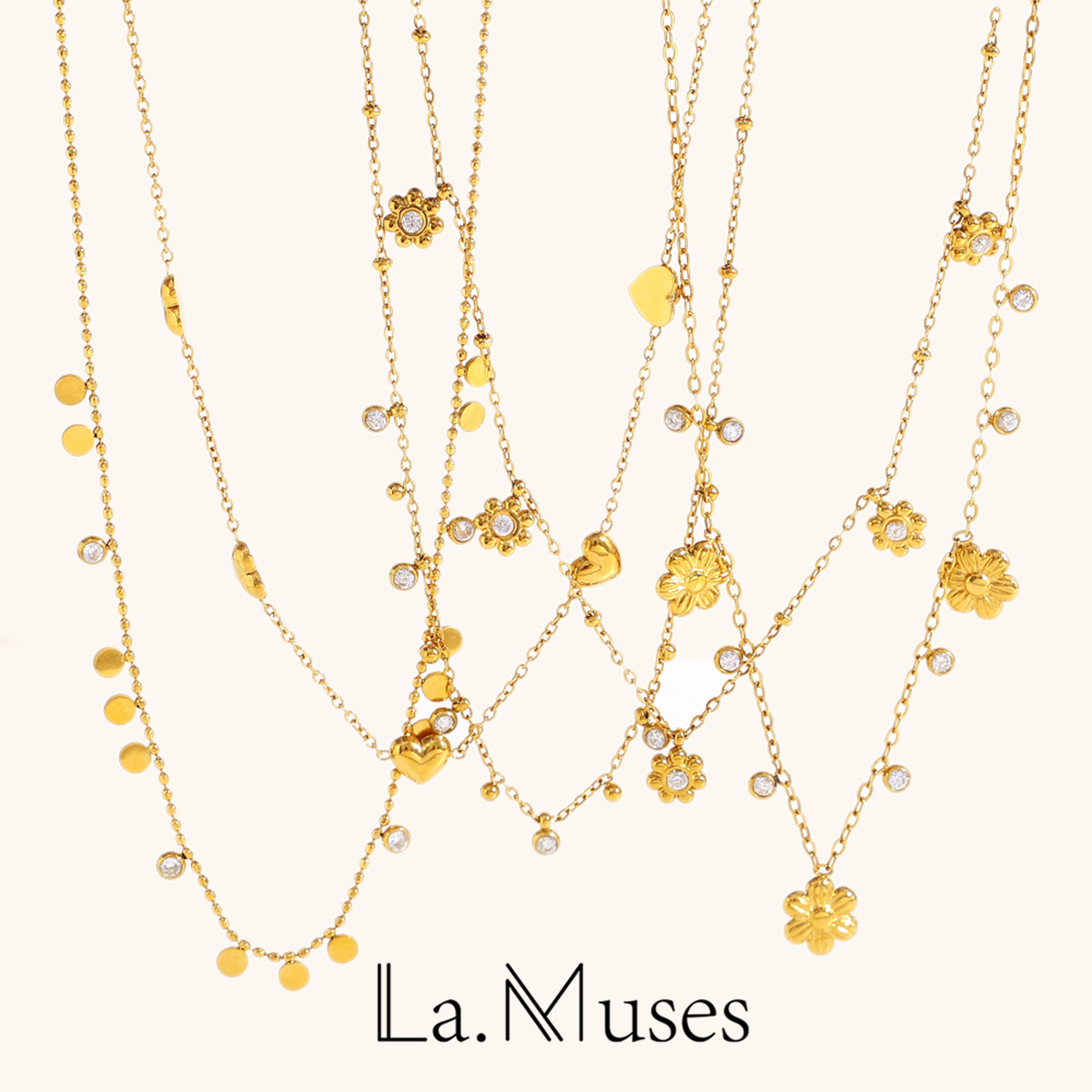 Butterfly Clasp Deployant - ラ。 ミューズジルコン蝶愛の花ビーズペンダントステンレス鋼の女性のネックレス PVD ​​メッキマルチスタイルファッションジュエリーギフト