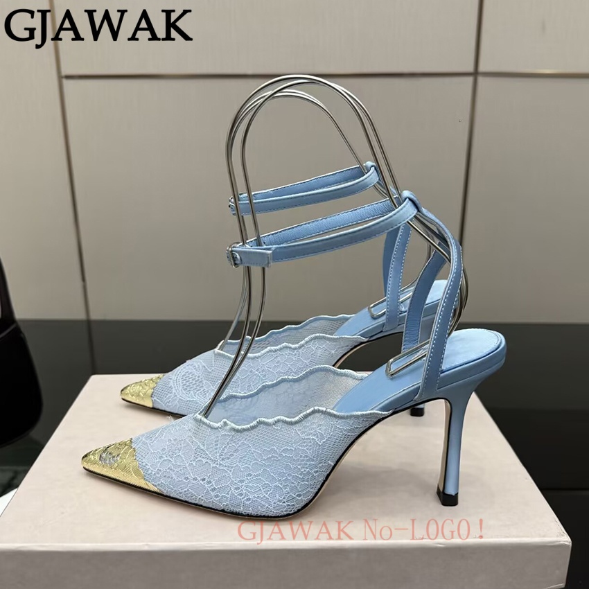 Mesh Strap Metal - 薄型ハイヒールの靴女性ポインテッドトゥパンプスメッシュメタル装飾スリングバックサンダル Mujer 滑走路パーティー宴会ドレス妖精の靴