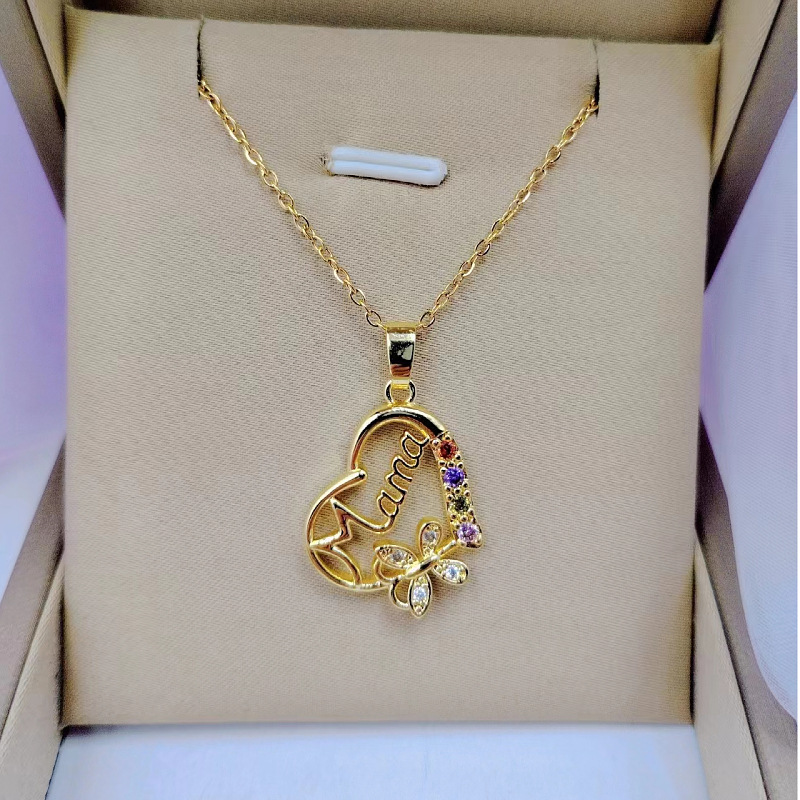 マルチカラークリスタルハートママレターペンダントネックレス女 - Butterfly Clasp Deployant のレビューと価格