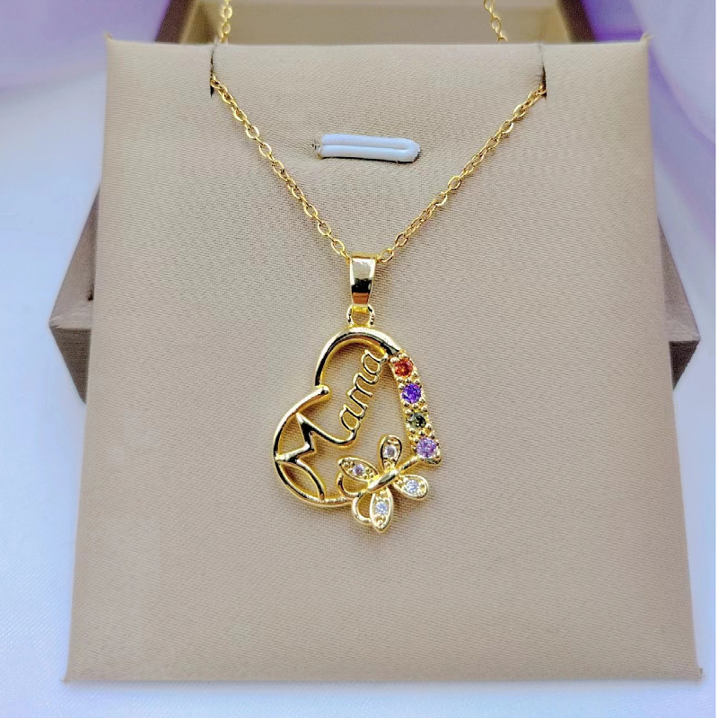 マルチカラークリスタルハートママレターペンダントネックレス女 - Butterfly Clasp Deployant のレビューと価格