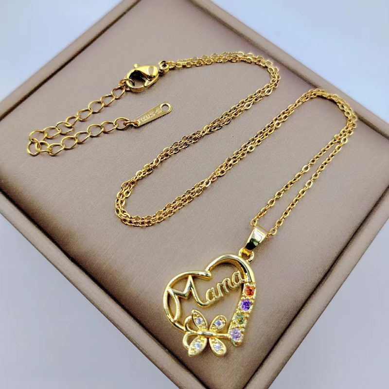 マルチカラークリスタルハートママレターペンダントネックレス女 - Butterfly Clasp Deployant のレビューと価格